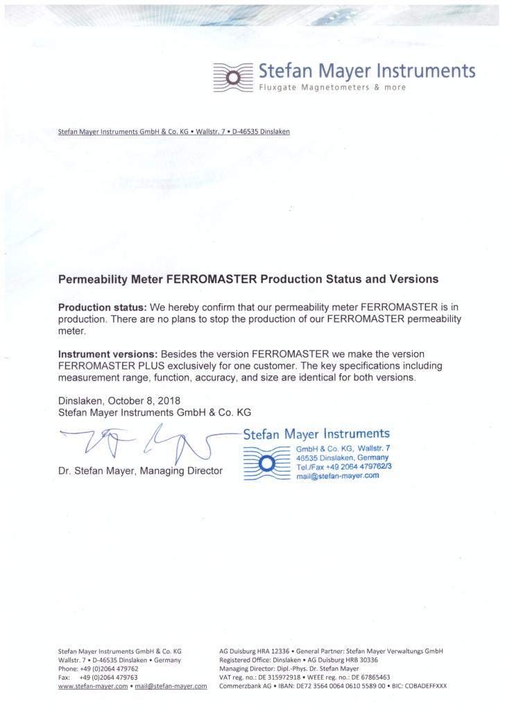 FERROMASTER和FERROMASTER PLUS磁导率仪现状和版本声明